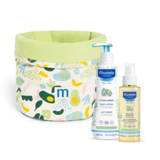Mustela Baby Kit Body Milk 300ml + Massage Oil 100ml + Offer Basket